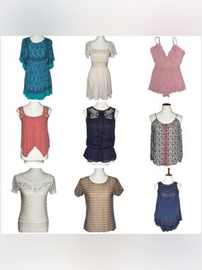 Bundle of 10 women’s tops & dress Boho, Cottagecore, Fringe, lace, crochet sz XS